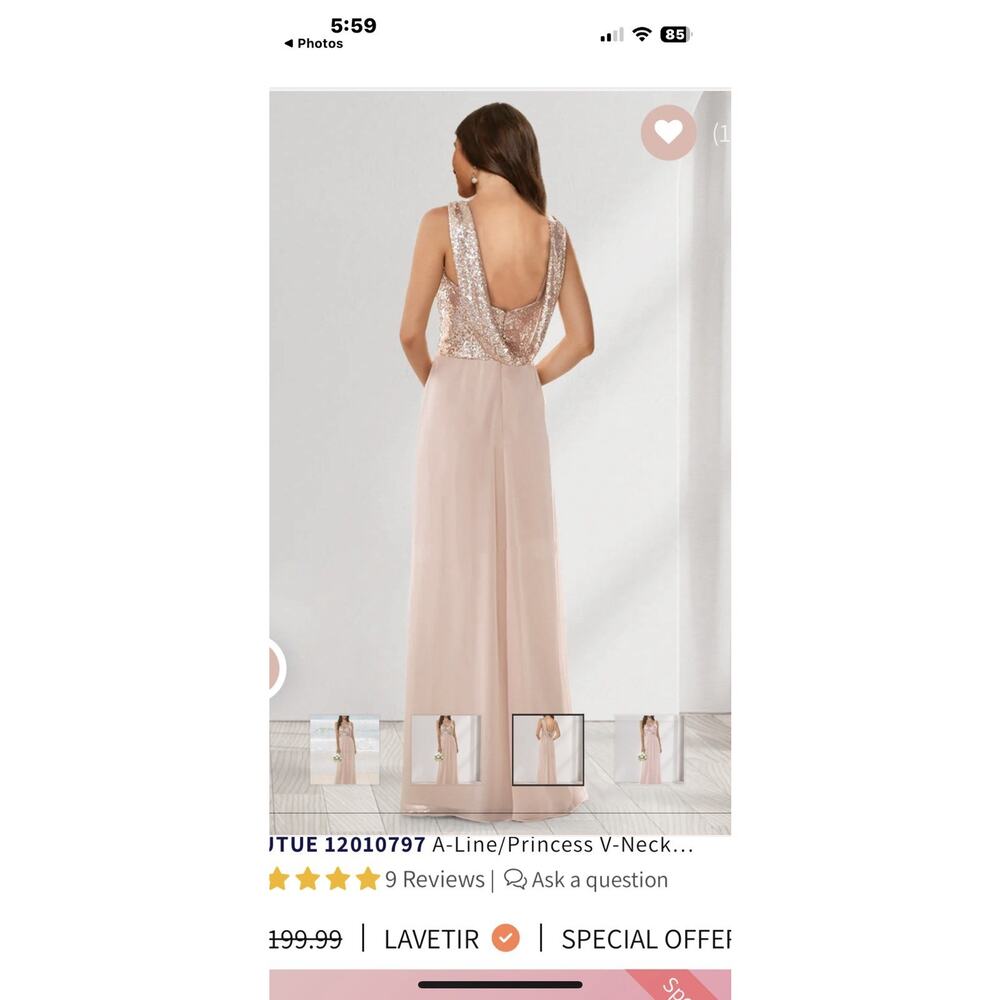 Rose Gold Prom Dress, Long Sequined, Sweetheart Chiffon Formal Wedding Pro - Picture 5 of 8